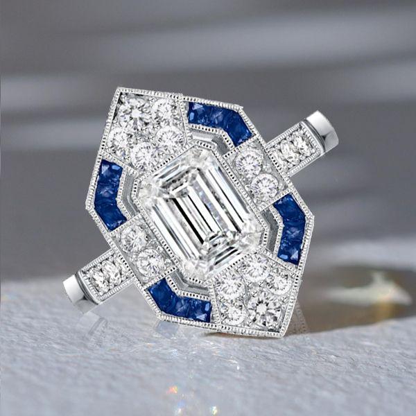Art Deco Emerald Cut Engagement Ring - 925 Sterling Silver Milgrain Detail