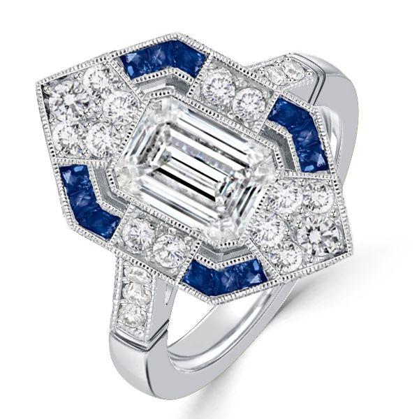 Art Deco Emerald Cut Engagement Ring - 925 Sterling Silver Milgrain Detail