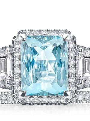 3.50 CT Aquamarine Radiant Cut Halo Engagement Ring Set in Rhodium-Plated Sterling Silver