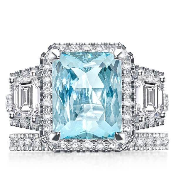 3.50 CT Aquamarine Radiant Cut Halo Engagement Ring Set in Rhodium-Plated Sterling Silver