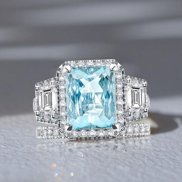 3.50 CT Aquamarine Radiant Cut Halo Engagement Ring Set in Rhodium-Plated Sterling Silver