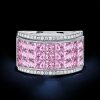 Princess Cut Pink Stone Invisible Setting Half Eternity Wedding Band in Sterling Silver
