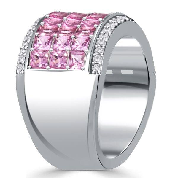 Princess Cut Pink Stone Invisible Setting Half Eternity Wedding Band in Sterling Silver