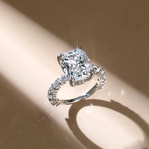 Cushion Cut White Sapphire Hidden Halo Engagement Ring - Sterling Silver