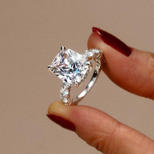Cushion Cut White Sapphire Hidden Halo Engagement Ring - Sterling Silver