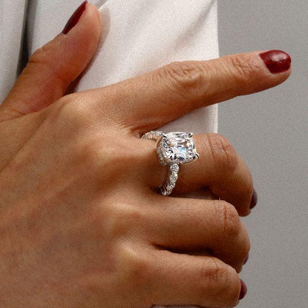 Cushion Cut White Sapphire Hidden Halo Engagement Ring - Sterling Silver