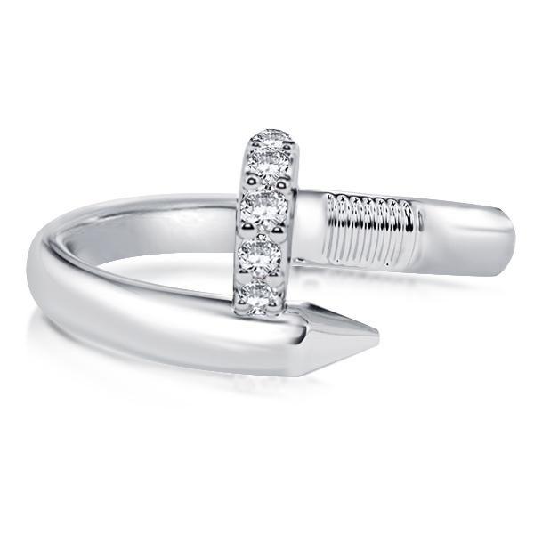Sterling Silver Nail Design Wedding Band - Round Cut, Rhodium Plated