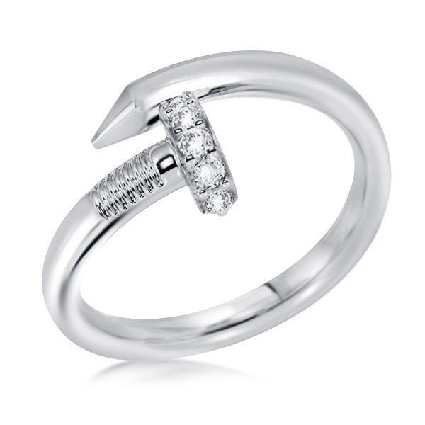 Sterling Silver Nail Design Wedding Band - Round Cut, Rhodium Plated