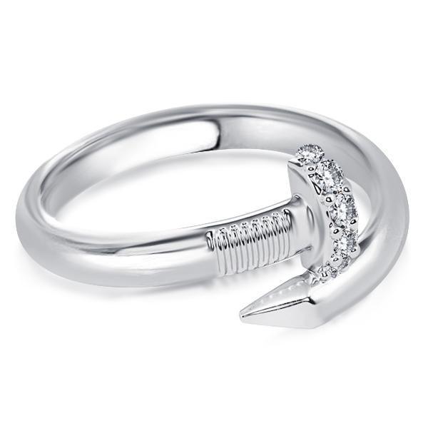 Sterling Silver Nail Design Wedding Band - Round Cut, Rhodium Plated