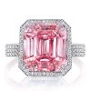 Emerald Cut Pink Sapphire Halo Engagement Ring - Sterling Silver
