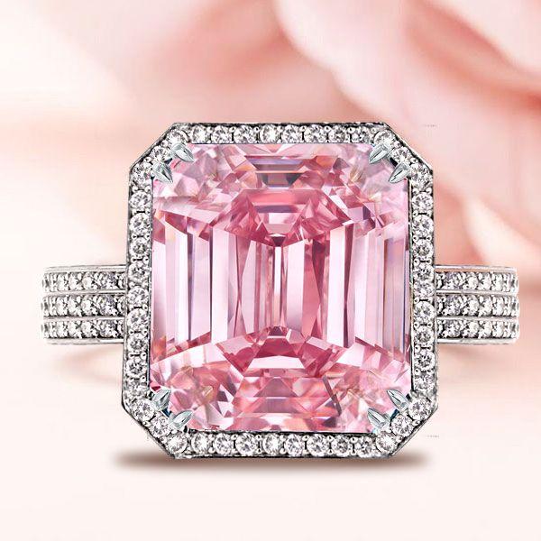 Emerald Cut Pink Sapphire Halo Engagement Ring - Sterling Silver