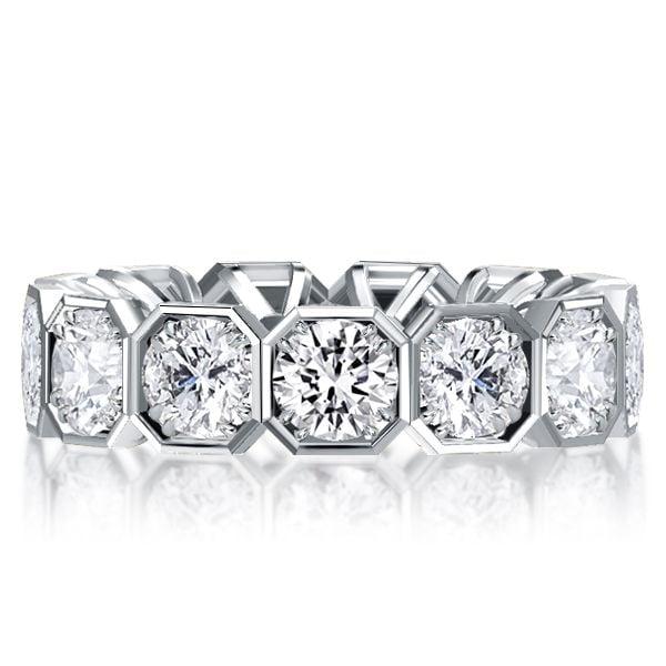 Round Cut White Sapphire Half Eternity Band in Rhodium Plated Sterling Silver