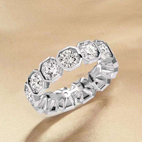 Round Cut White Sapphire Half Eternity Band in Rhodium Plated Sterling Silver