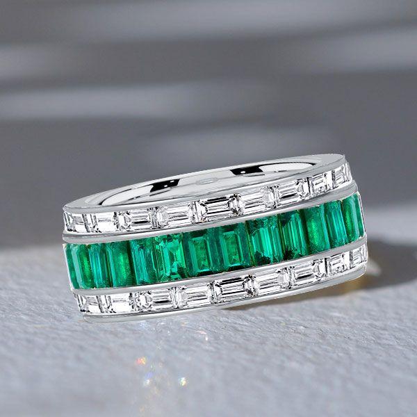Emerald Green Channel Set Wedding Band - Sterling Silver Anniversary Ring