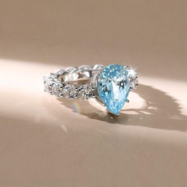 Unique Pear Cut Aquamarine Engagement Ring Sterling Silver Rhodium Plated