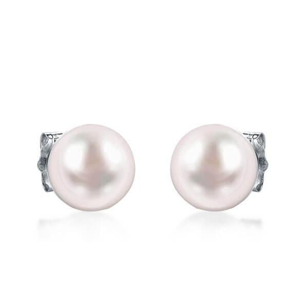 Classic Pink Natural Pearl Stud Earrings in Rhodium Plated 925 Sterling Silver
