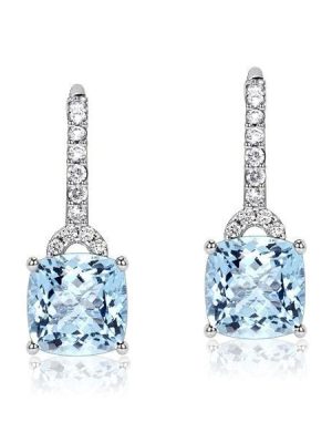 Cushion Cut Aquamarine Drop Earrings for Women in Rhodium Plated Sterling Silver