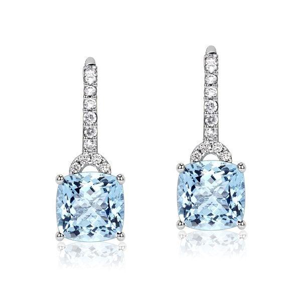 Cushion Cut Aquamarine Drop Earrings for Women in Rhodium Plated Sterling Silver