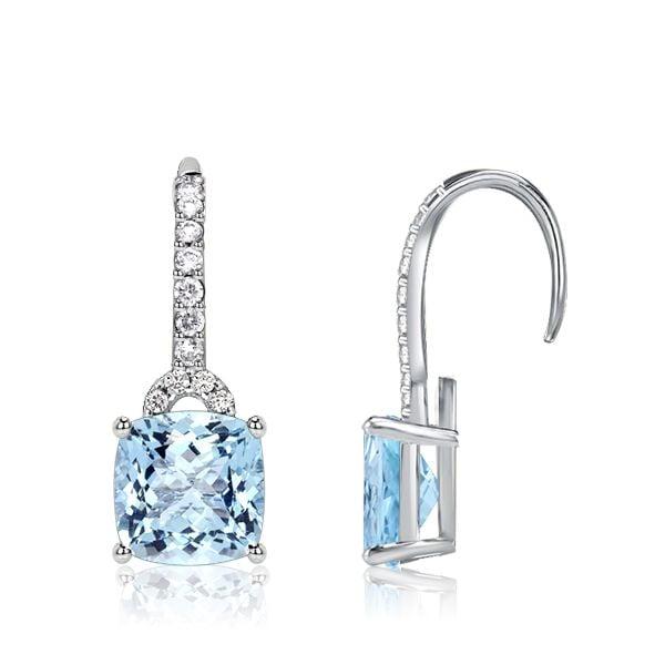Cushion Cut Aquamarine Drop Earrings for Women in Rhodium Plated Sterling Silver