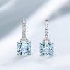 Cushion Cut Aquamarine Drop Earrings for Women in Rhodium Plated Sterling Silver