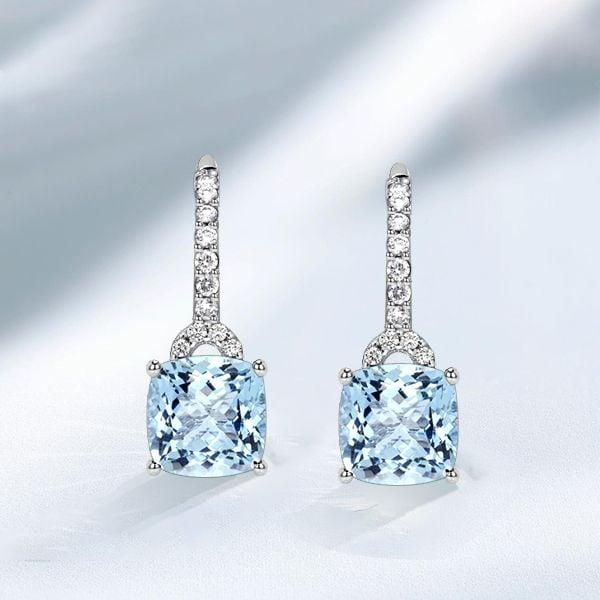 Cushion Cut Aquamarine Drop Earrings for Women in Rhodium Plated Sterling Silver