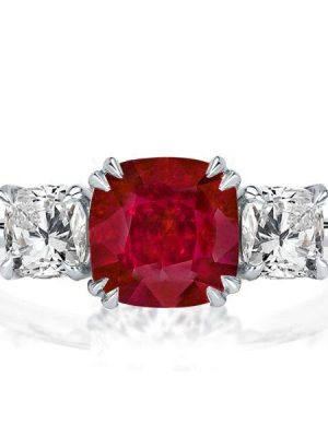 Ruby Engagement Ring: Three Stone Cushion Cut Sterling Silver Ring