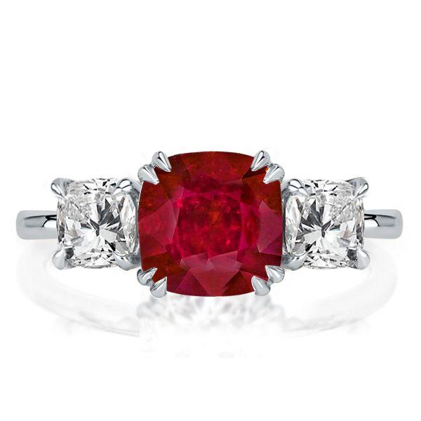 Ruby Engagement Ring: Three Stone Cushion Cut Sterling Silver Ring