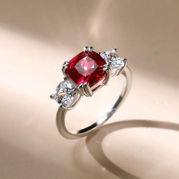 Ruby Engagement Ring: Three Stone Cushion Cut Sterling Silver Ring