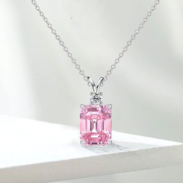 Emerald Cut Pink Pendant Necklace - 925 Sterling Silver - Choice of Chain Length & Plating