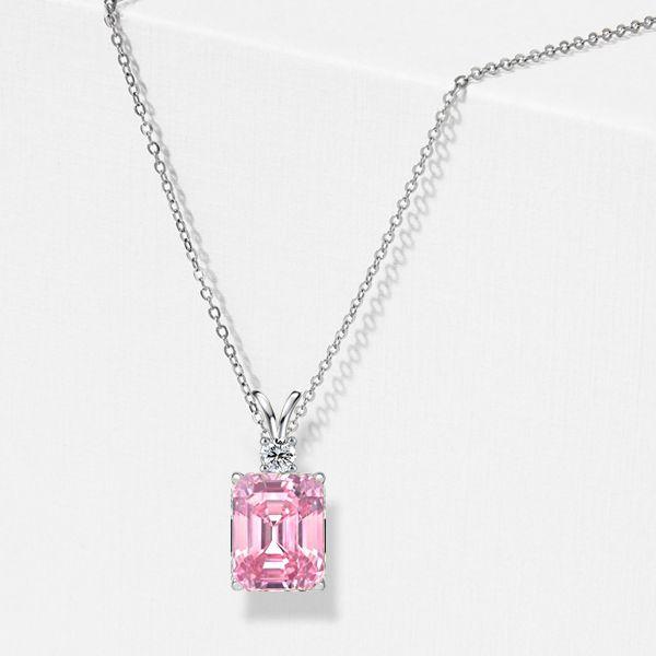 Emerald Cut Pink Pendant Necklace - 925 Sterling Silver - Choice of Chain Length & Plating