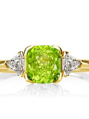 Peridot & Sapphire Three Stone Ring - Cushion Cut Sterling Silver Engagement Ring