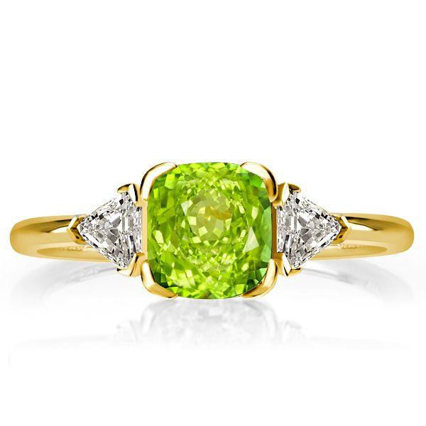 Peridot & Sapphire Three Stone Ring - Cushion Cut Sterling Silver Engagement Ring