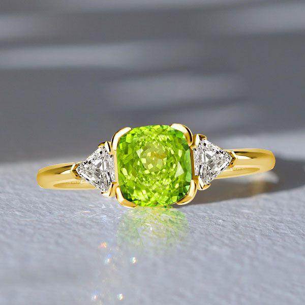 Peridot & Sapphire Three Stone Ring - Cushion Cut Sterling Silver Engagement Ring