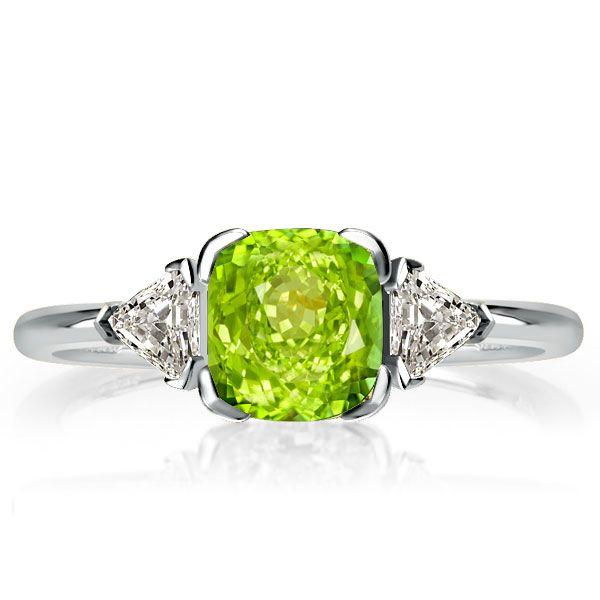 Peridot & Sapphire Three Stone Ring - Cushion Cut Sterling Silver Engagement Ring