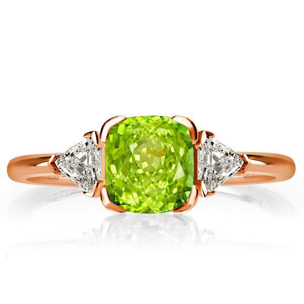 Peridot & Sapphire Three Stone Ring - Cushion Cut Sterling Silver Engagement Ring