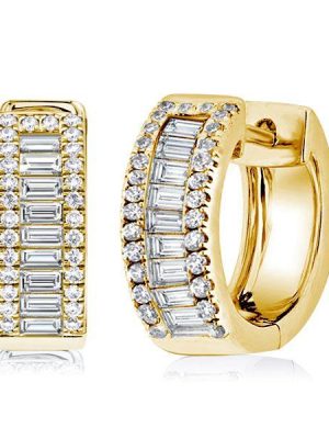 Golden Hoop Earrings - Baguette & Round - 18K Gold Plated Sterling Silver