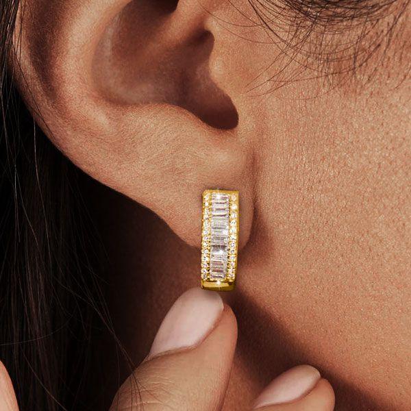 Golden Hoop Earrings - Baguette & Round - 18K Gold Plated Sterling Silver