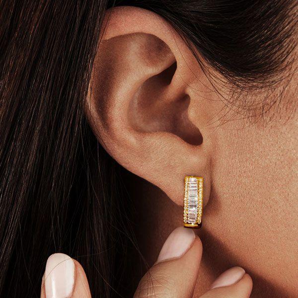 Golden Hoop Earrings - Baguette & Round - 18K Gold Plated Sterling Silver