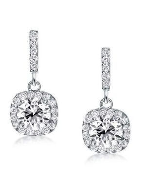 Halo Round Cut Drop Earrings in Sterling Silver