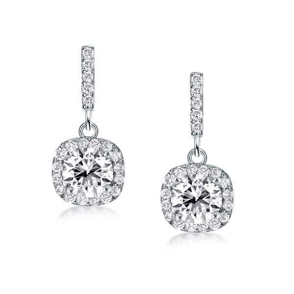 Halo Round Cut Drop Earrings in Sterling Silver