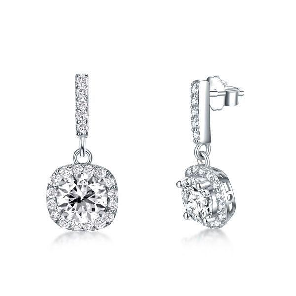 Halo Round Cut Drop Earrings in Sterling Silver