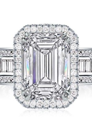 Halo Emerald Cut White Sapphire Engagement Ring - Sterling Silver