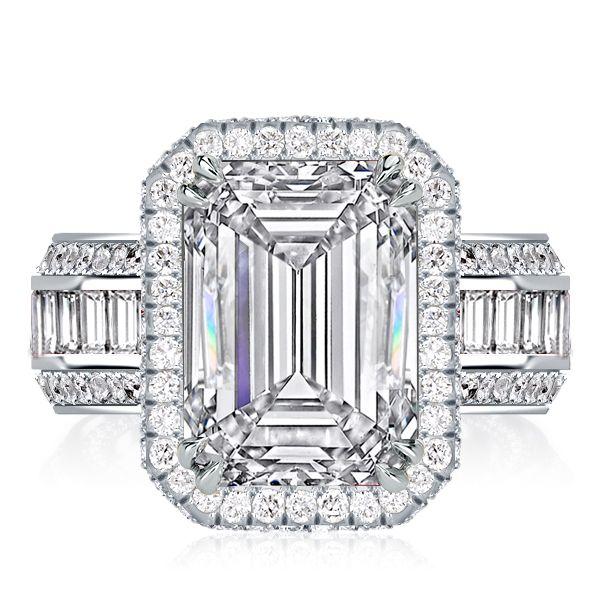 Halo Emerald Cut White Sapphire Engagement Ring - Sterling Silver