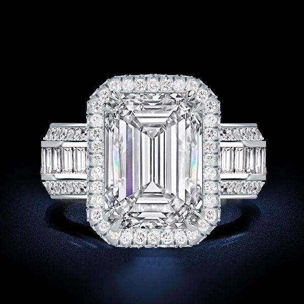 Halo Emerald Cut White Sapphire Engagement Ring - Sterling Silver