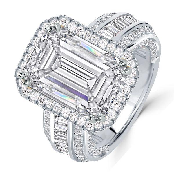 Halo Emerald Cut White Sapphire Engagement Ring - Sterling Silver
