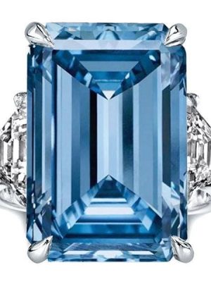 Three Stone Blue Emerald Cut Engagement Ring in 925 Sterling Silver