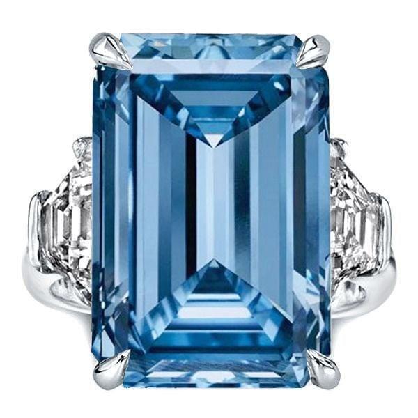 Three Stone Blue Emerald Cut Engagement Ring in 925 Sterling Silver