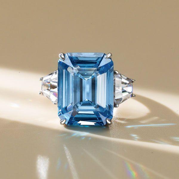 Three Stone Blue Emerald Cut Engagement Ring in 925 Sterling Silver