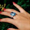 Three Stone Blue Emerald Cut Engagement Ring in 925 Sterling Silver