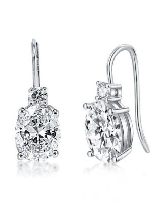 Classic 4 Prong Oval and Round Drop Earrings in Rhodium Plated Sterling Silver